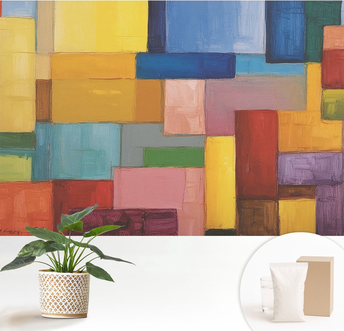 Wallfluent Fotobehang - Geel Vliesbehang - 152x104 cm - Gekleurde Rechthoeken Fotobehang Vlies - Hal behang Abstractie - Muurschildering - Hal behang