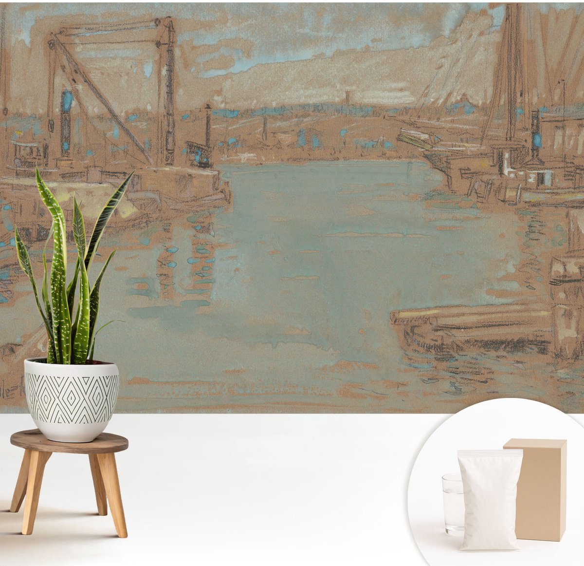 Wallfluent Fotobehang - Bruin Vliesbehang - 208x146 cm - Uitzicht Vanuit De Haven Fotobehang Vlies - Hal behang Landschappen - Muurschildering - Woonkamer behang
