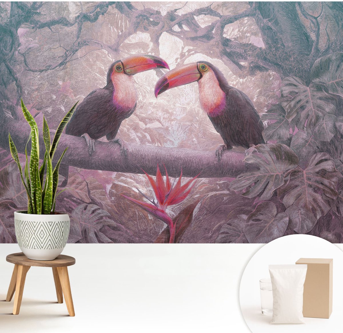 Wallfluent Fotobehang - Roze Vliesbehang - 208x146 cm - Exotisch Stel Fotobehang Vlies - Hal behang Dieren - Muurschildering - Woonkamer behang