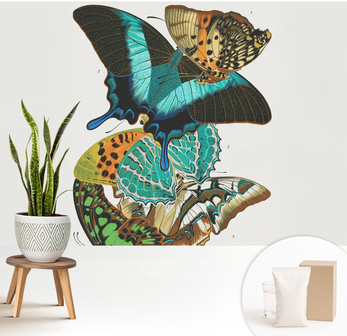 Wallfluent Fotobehang - Turkoois Vliesbehang - 208x146 cm - Kleurrijke Vlinders Fotobehang Vlies - Woonkamer behang Dieren - Muurschildering - Hal behang