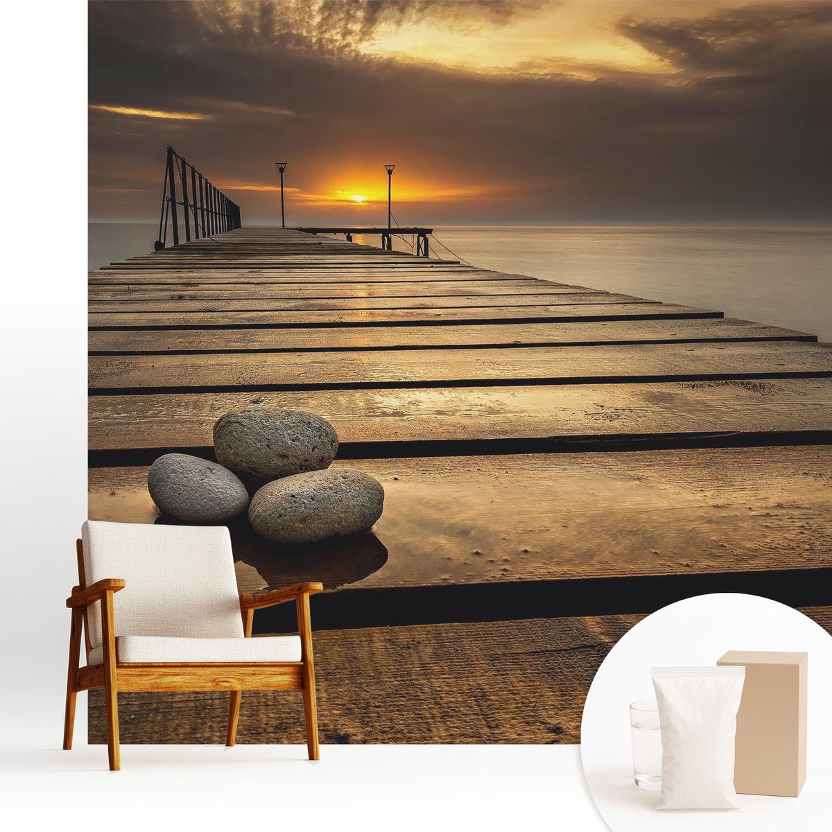 Wallfluent Fotobehang - Bruin Vliesbehang - 250x250 cm - Zonsondergang Muurschildering - Gang behang Landschappen - Fotobehang Vlies - Slaapkamer behang