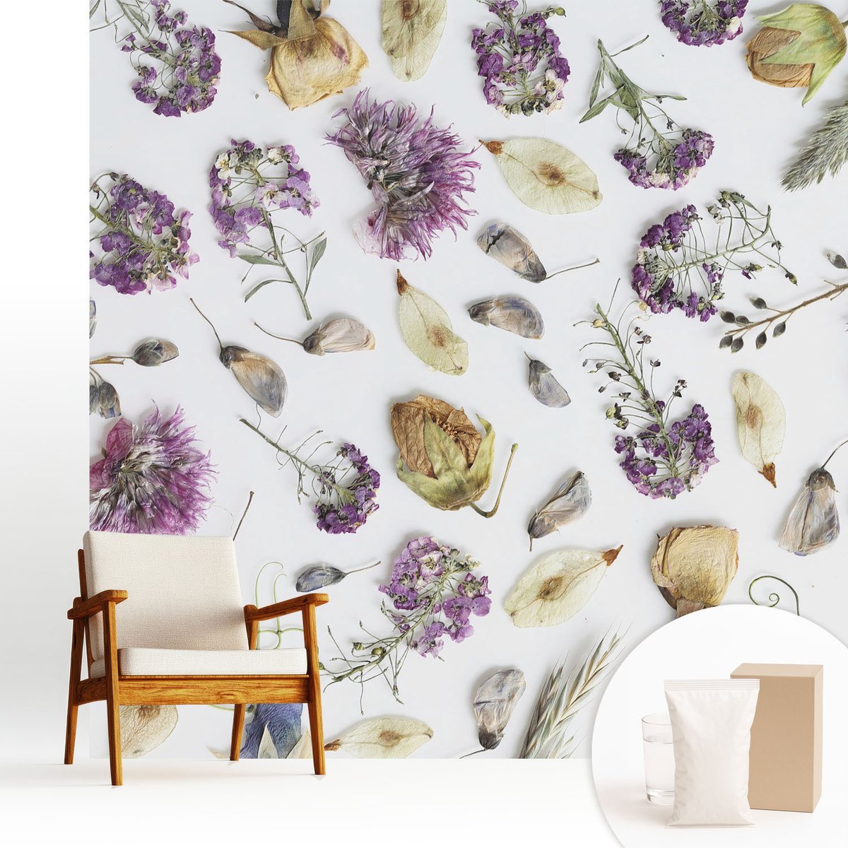 Wallfluent Fotobehang - Wit Vliesbehang - 250x250 cm - Gedroogde Bloemen Muurschildering - Slaapkamer behang Bloemen En Planten - Fotobehang Vlies - Slaapkamer behang