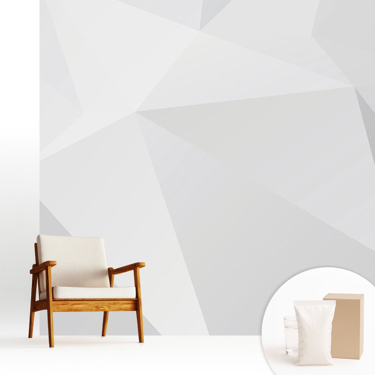 Wallfluent Fotobehang - Wit Vliesbehang - 250x250 cm - Grijze Driehoeken Muurschildering - Gang behang Geometrie - Fotobehang Vlies - Slaapkamer behang