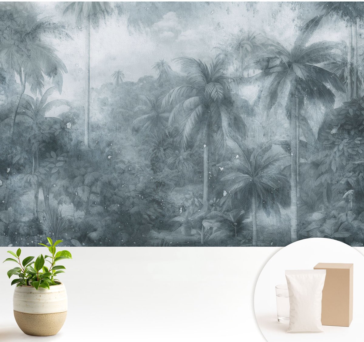 Wallfluent Fotobehang - Grijs Vliesbehang - 104x70 cm - Tropische Vegetatie Muurschildering - Gang behang Bloemen En Planten - Fotobehang Vlies - Slaapkamer behang