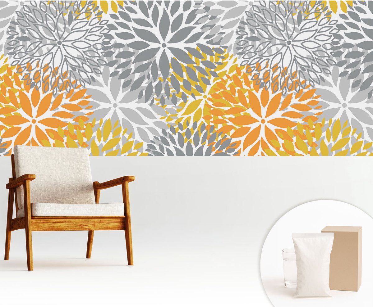 Wallfluent Fotobehang - Grijs Vliesbehang - 250x104 cm - Bloemenergie Fotobehang Vlies - Woonkamer behang Bloemen En Planten - Muurschildering - Woonkamer behang