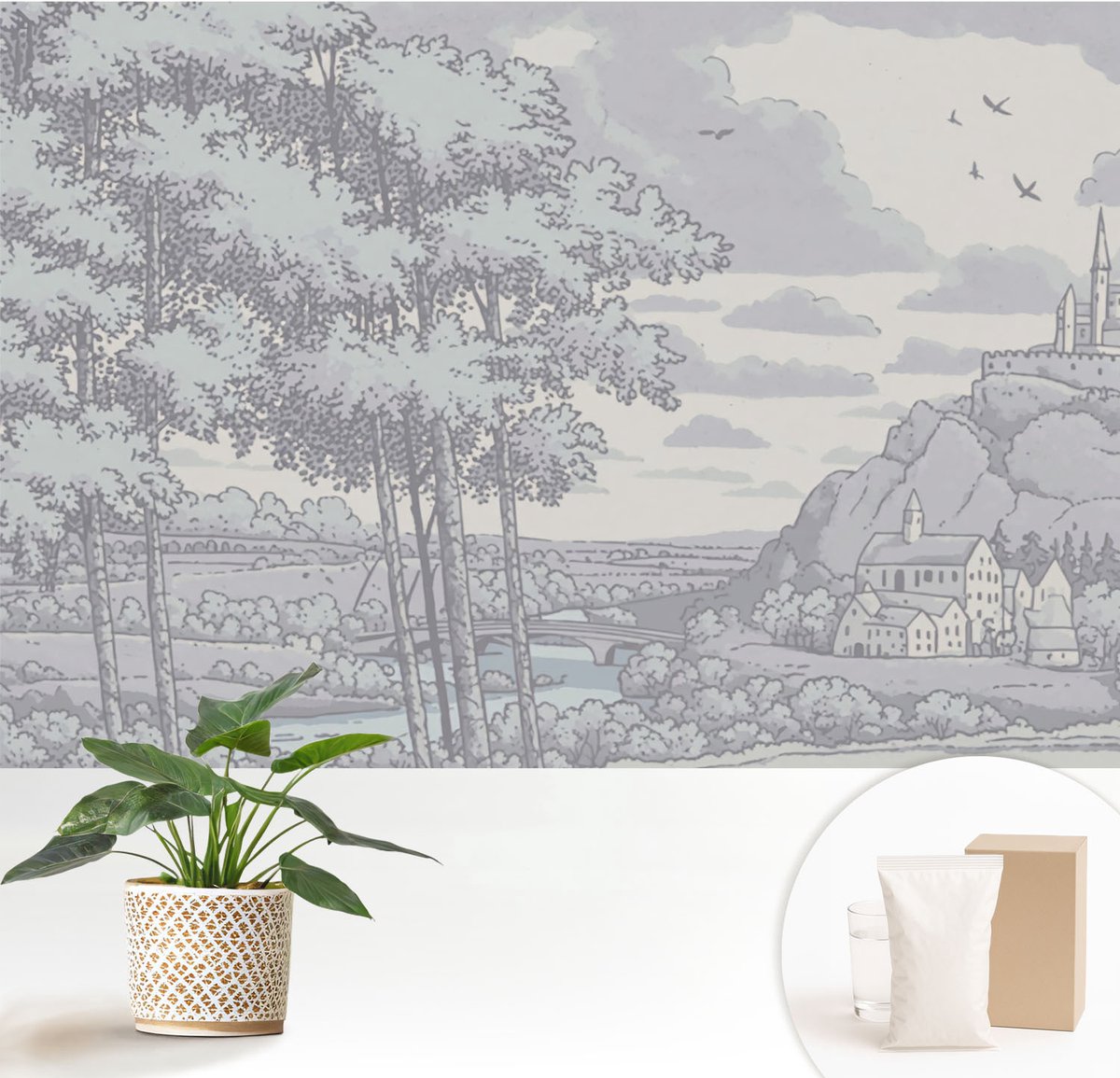 Wallfluent Fotobehang - Grijs Vliesbehang - 152x104 cm - Sprookjesachtig Landschap Muurschildering - Slaapkamer behang Landschappen - Fotobehang Vlies - Slaapkamer behang