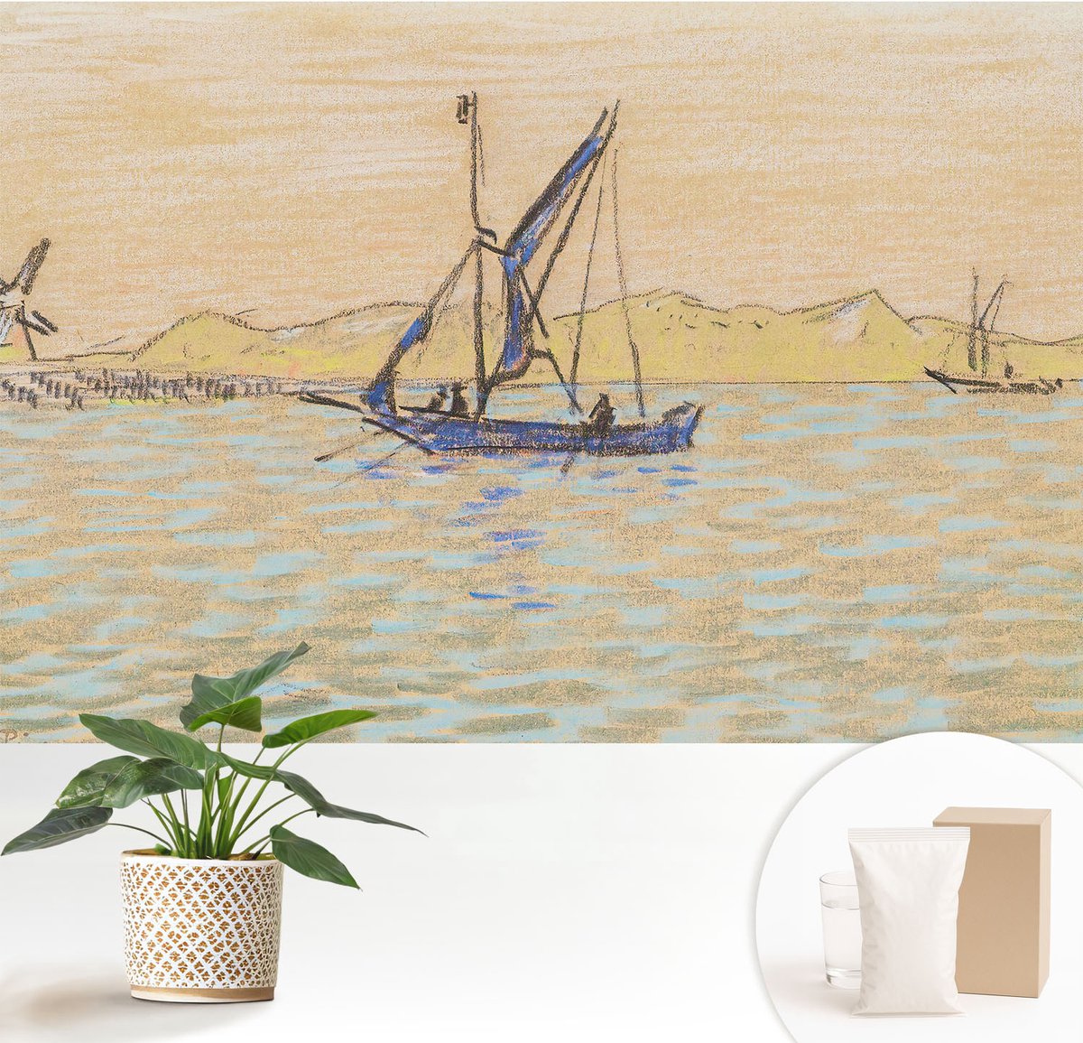 Wallfluent Fotobehang - Beige Vliesbehang - 152x104 cm - Zee Van Vrede Muurschildering - Slaapkamer behang Landschappen - Fotobehang Vlies - Slaapkamer behang