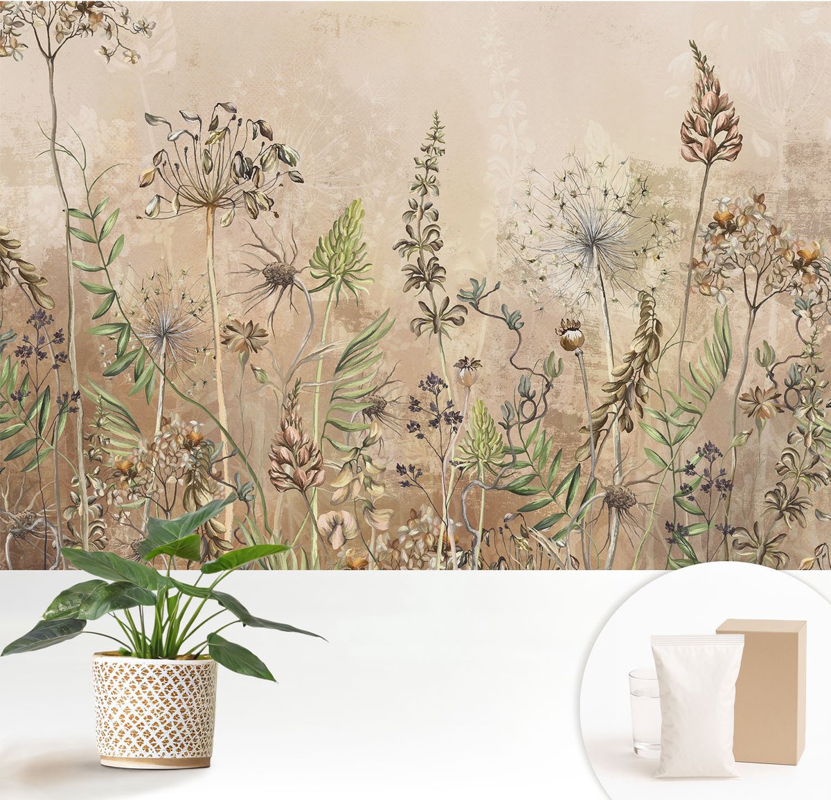 Wallfluent Fotobehang - Beige Vliesbehang - 152x104 cm - Rustieke Bloemen Fotobehang Vlies - Hal behang Bloemen En Planten - Muurschildering - Woonkamer behang