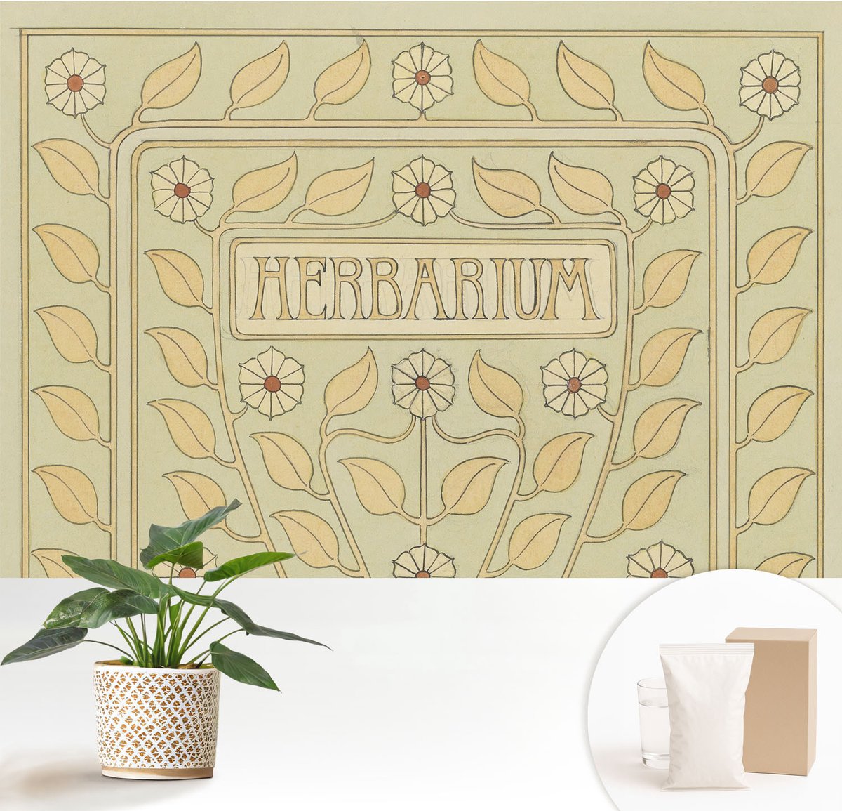 Wallfluent Fotobehang - Wit Vliesbehang - 152x104 cm - Plantenornament Muurschildering - Gang behang Bloemen En Planten - Fotobehang Vlies - Slaapkamer behang