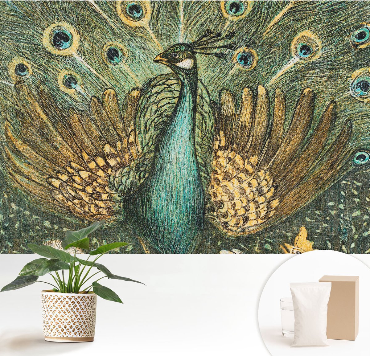 Wallfluent Fotobehang - Groente Vliesbehang - 152x104 cm - Majestueuze Pauw Fotobehang Vlies - Hal behang Dieren - Muurschildering - Hal behang