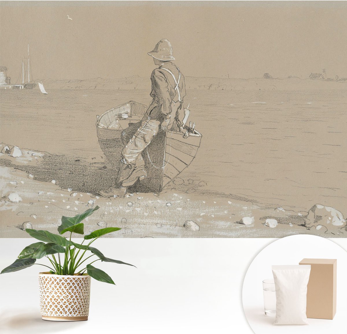 Wallfluent Fotobehang - Grijs Vliesbehang - 152x104 cm - Nostalgische Scène Muurschildering - Slaapkamer behang Landschappen - Fotobehang Vlies - Slaapkamer behang