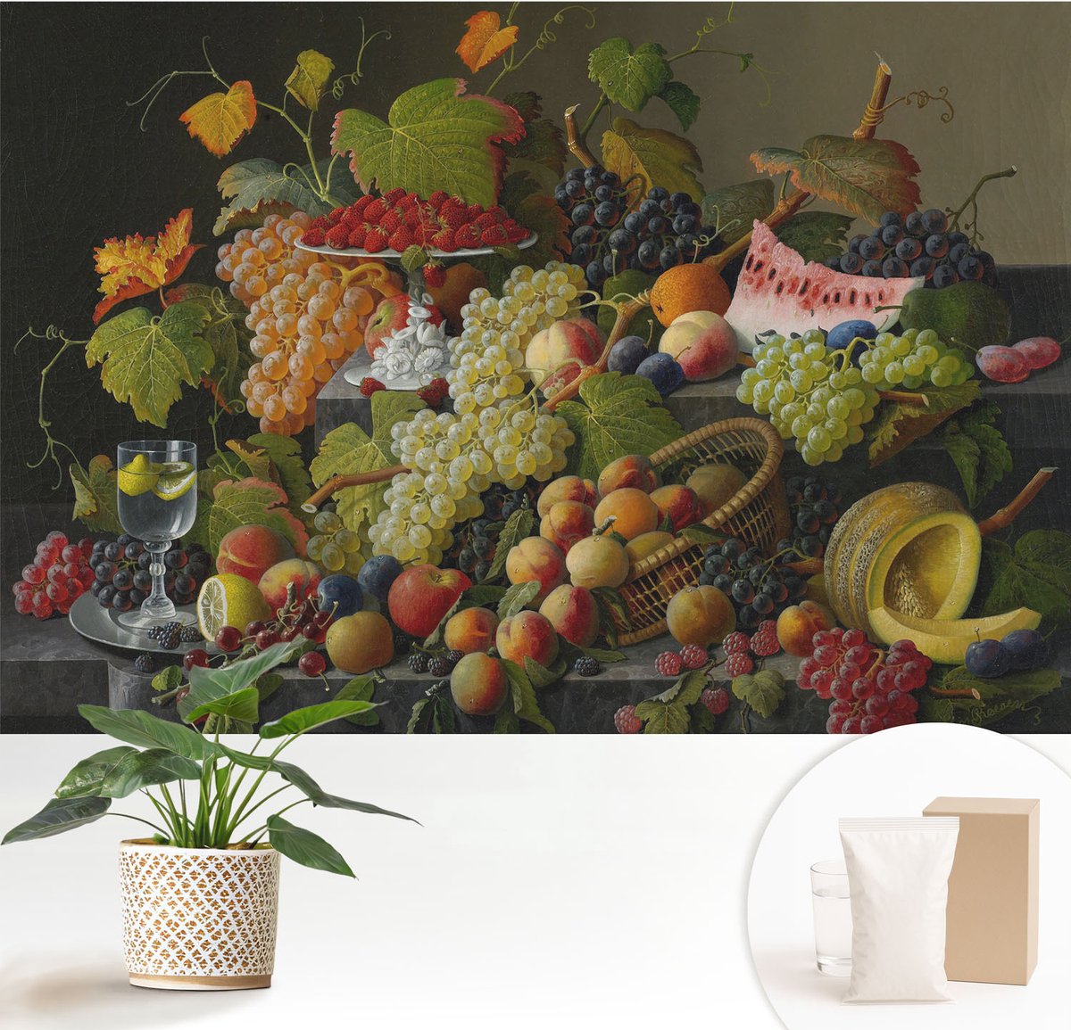 Wallfluent Fotobehang - Wit Vliesbehang - 152x104 cm - Fruitsamenstelling Fotobehang Vlies - Hal behang Voedsel - Muurschildering - Woonkamer behang