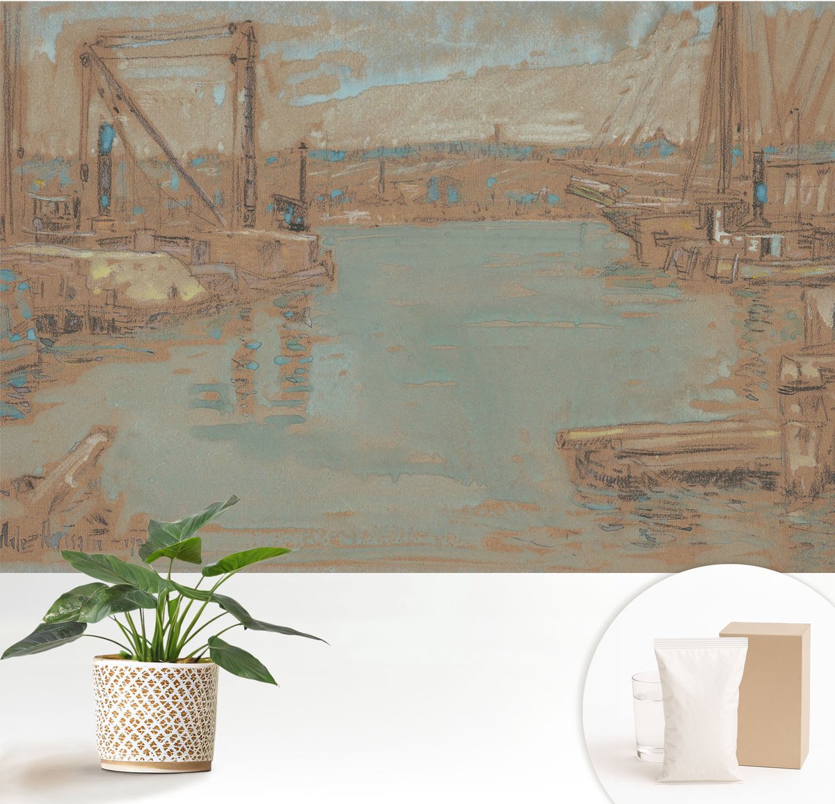 Wallfluent Fotobehang - Bruin Vliesbehang - 152x104 cm - Uitzicht Vanuit De Haven Fotobehang Vlies - Hal behang Landschappen - Muurschildering - Woonkamer behang