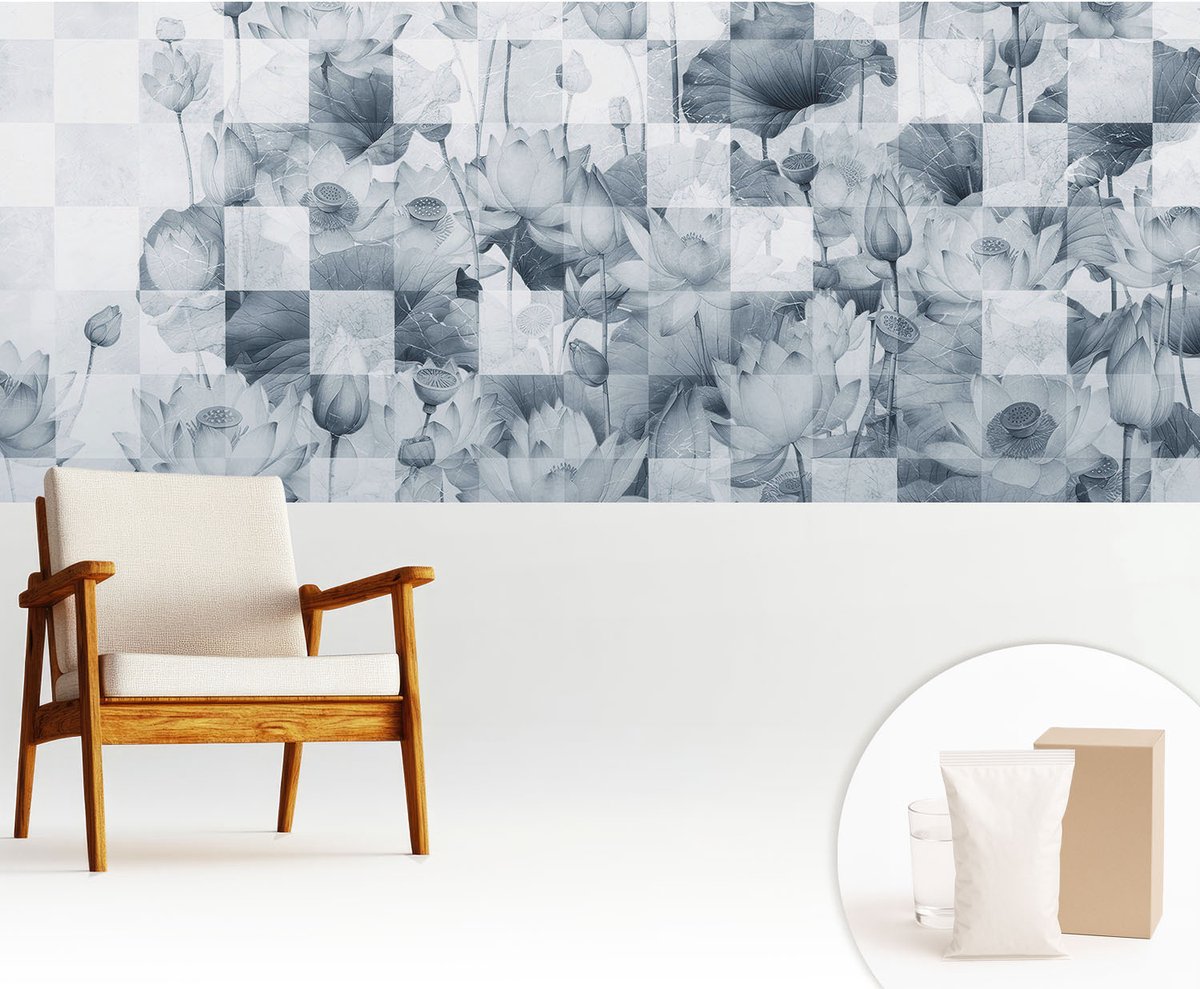 Wallfluent Fotobehang - Blauw Vliesbehang - 250x104 cm - Lotusbloemen Muurschildering - Slaapkamer behang Texturen - Fotobehang Vlies - Slaapkamer behang