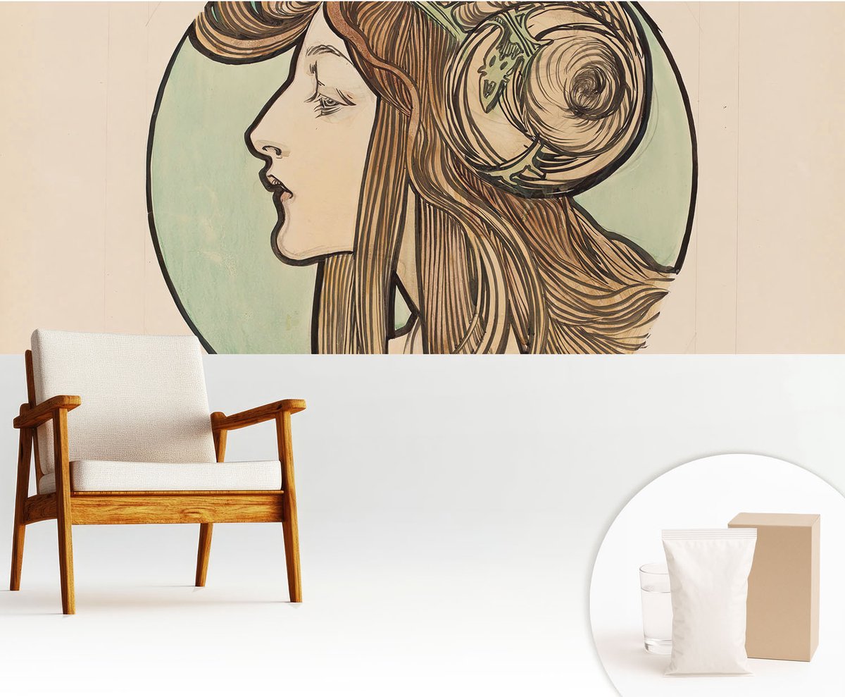 Wallfluent Fotobehang - Beige Vliesbehang - 250x104 cm - Art Nouveau-Portret Muurschildering - Gang behang Deel - Fotobehang Vlies - Slaapkamer behang