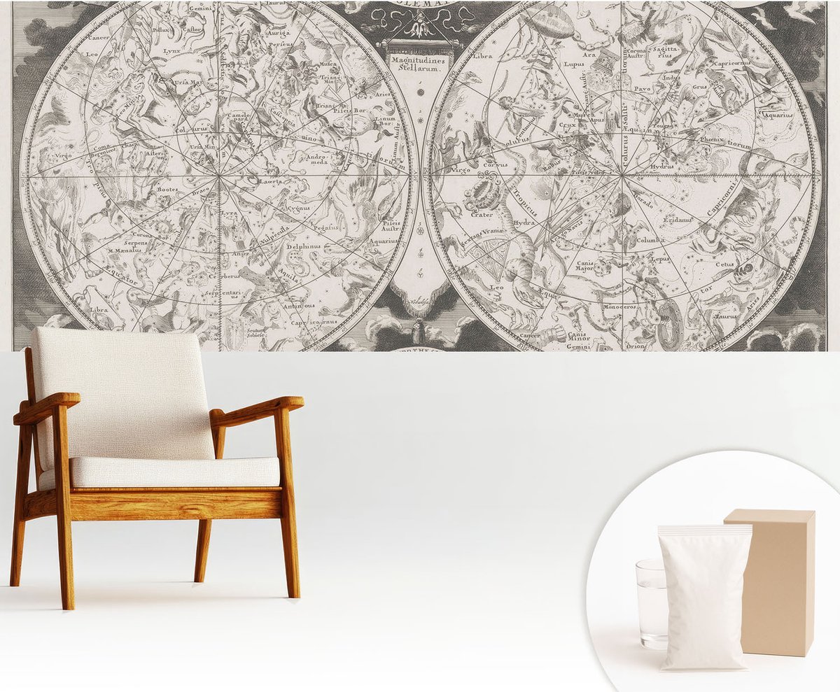 Wallfluent Fotobehang - Zwart-Wit Vliesbehang - 250x104 cm - Sterrenkaart Muurschildering - Slaapkamer behang Kosmos - Fotobehang Vlies - Gang behang
