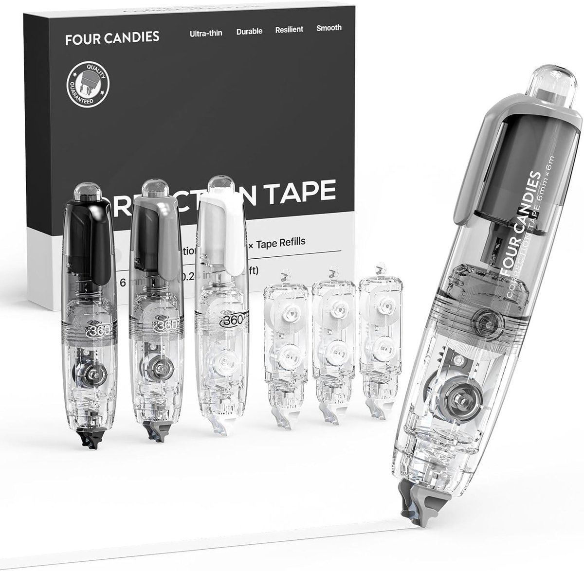 Four Candies Refillable Retractable White Correction Tape, 3 Pcs White Out with 4 Extra Refills, Easy to Use Mini - ShopVlot