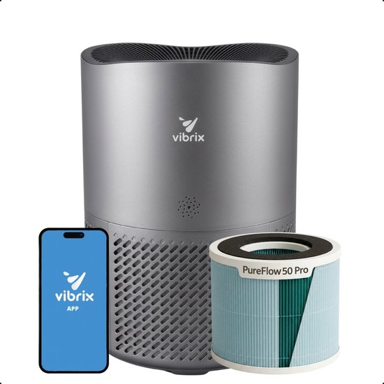 Vibrix PureFlow50 Pro Luchtreiniger / Air Purifier – HEPA + koolstoffilter – 350 m³/u – Voor kamers tot ca. 50 m² – Ionisator – App-bediening – Zeer stil met slaapstand – Luchtkwal…