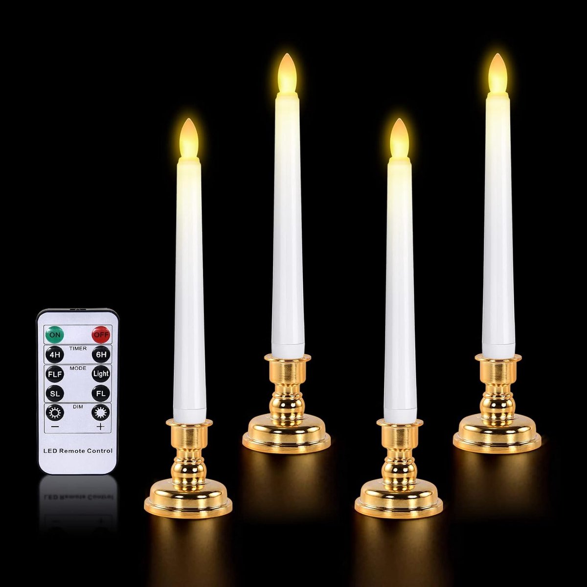 LED vlamloze kaarsen, spitse kaarslichten, waterdichte batterij-aangedreven kaars met IR-afstandsbediening, realistische 3D Wick en gouden basis, voor thuis, kerken, bruiloft (4 stuks)