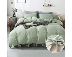 Annadaif Dekbedovertrek Queen Size Saliegroen, 3-delige zachte gewassen microvezel dekbedovertrekset, dekbedovertrek met strikje en vlinderdas (1 dekbedovertrek, 228 x 228 cm, 2 kussenslopen),