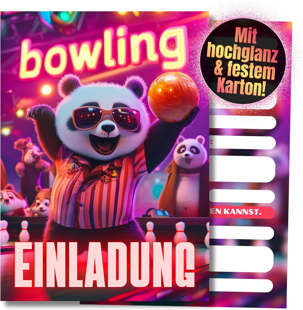 SnelShoppen - Panda Bowling Uitnodigingskaarten voor Kinderverjaardag, Set van 12, DIN A6 (10.5 cm x 14.8 cm), Feestuitnodigingen voor Kinderen, Panda