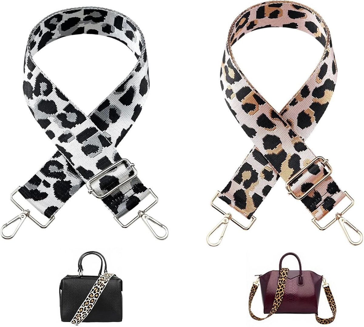 Adjustable Leopard Bag Strap, 75-145 cm, Black/White and Pink, for Handbags and Shoulder Bags - ShopVlot