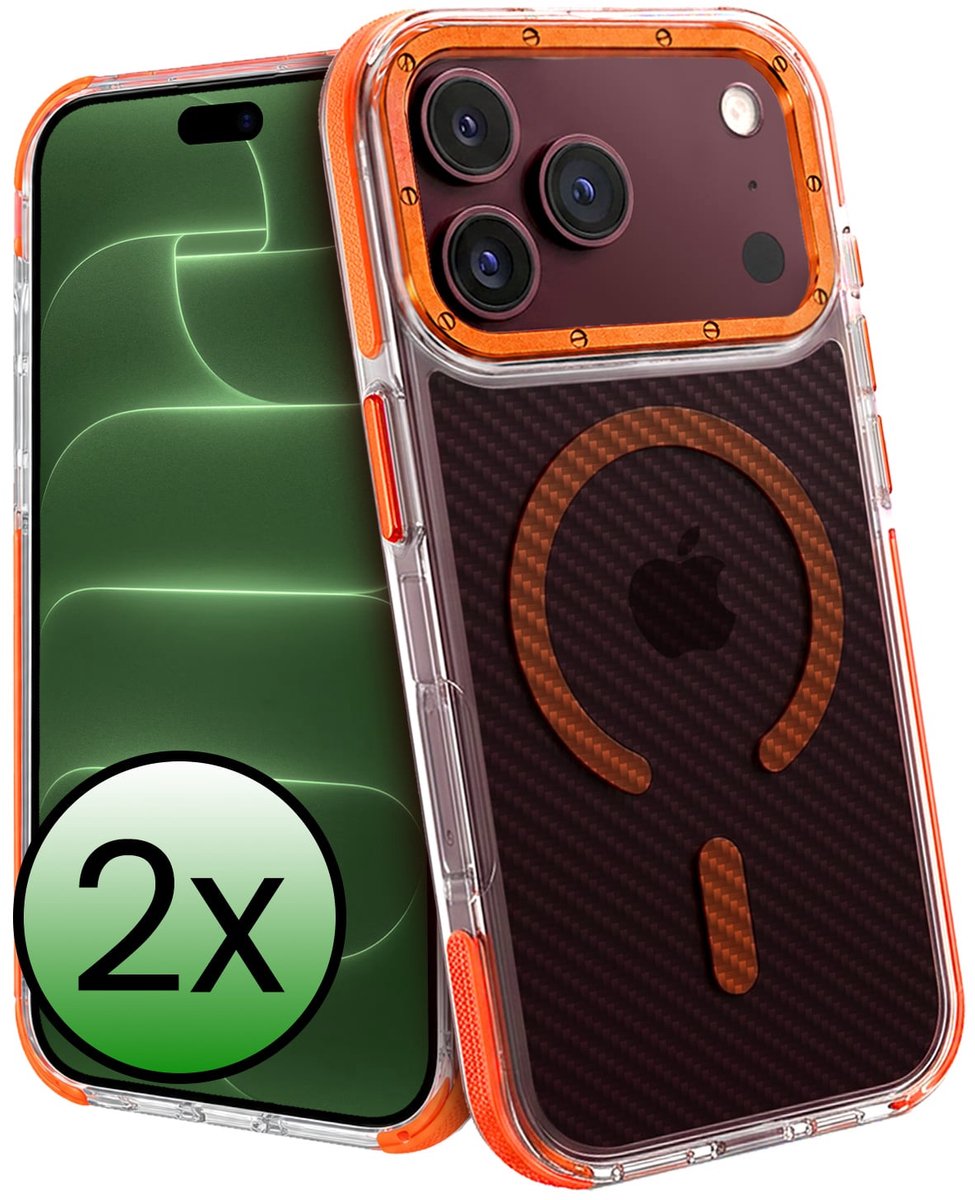 Hoesje 2 Stuks - Geschikt voor Apple iPhone 18 Pro - Magsafe Compatible - Carbon Look - Sterk & Shockproof - Back Cover - Shock Proof Case - Telefoon Hoes - Oranje