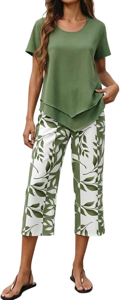 Set van broek en top voor dames, katoen, 2-delig, ronde hals, vloeiende broek, loungewear, ontspanning, ademend, zacht, comfortabel, thuis, lente, zacht, A60