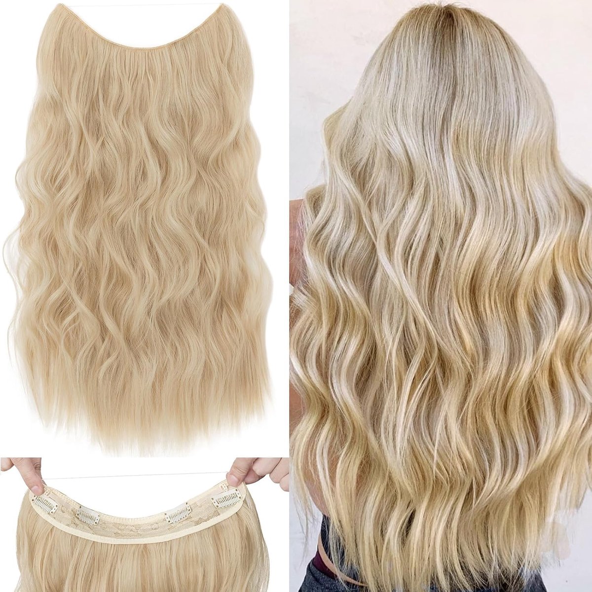 Haarverlenging met elastiek, verstelbaar Secrets haarstukje, synthetisch, extensions met koord en clips, lange golvende extensies voor vrouwen, gouden highlights bleekblond, 60 cm