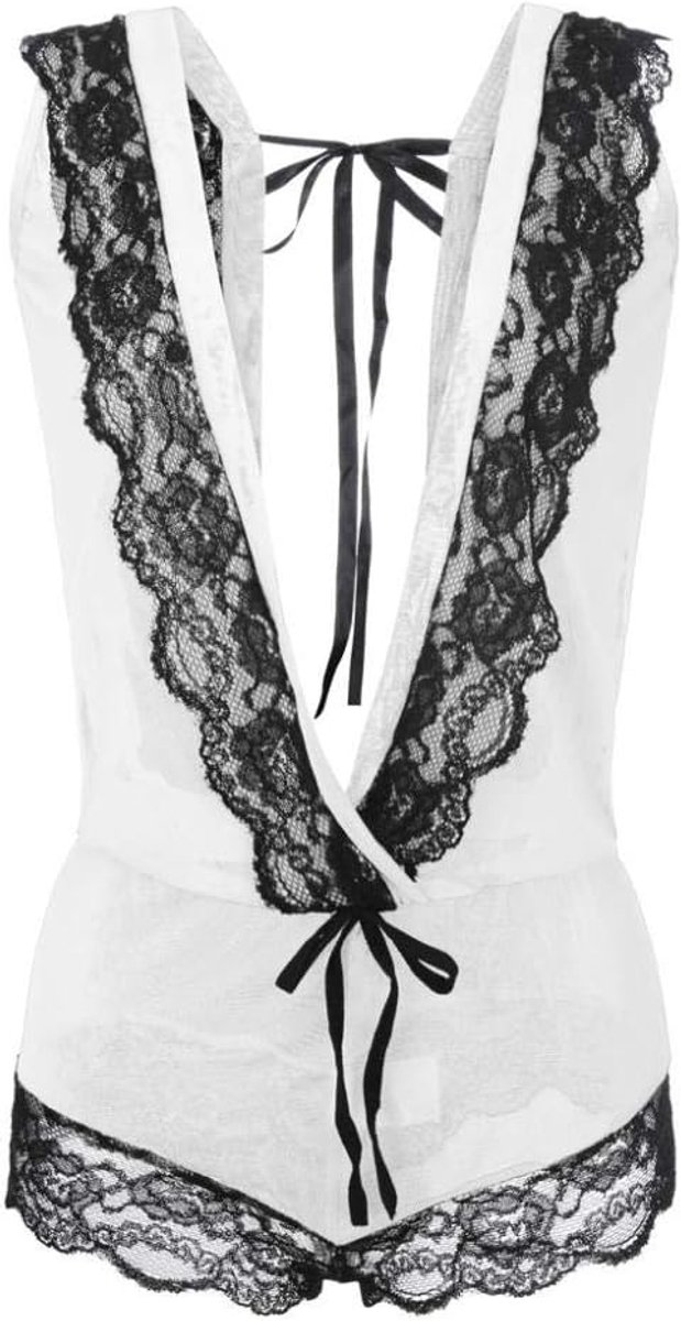 Dameskostuums Dames Erotische Lingerie Diepe V Strik Porno Kanten Beha Nachthemd Vrouwen Kostuums Verleiding Sexy Ondergoed-White_XXL