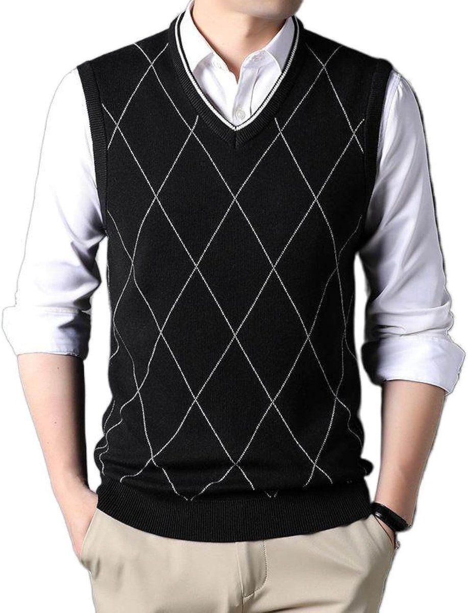 Cashmere Gemengd Argyle V-Hals Gebreid Vest, Klassiek Kleurcontrast Casual All-Match Mouwloos Vest Pullover, Business Gentleman Knitwear Vest Sweater Tank Tops, Zwart, S