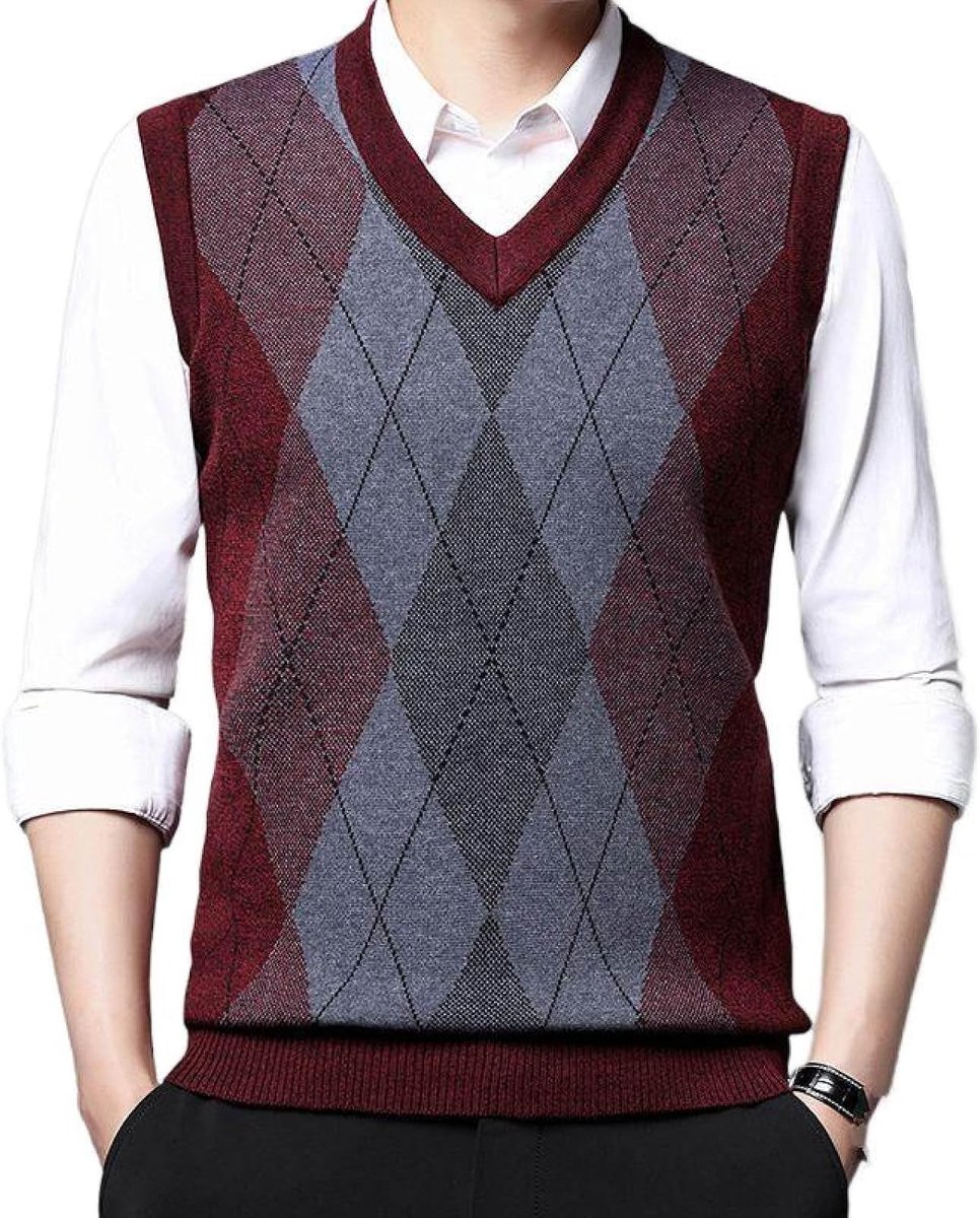 Argyle V-Hals Gebreid Vest, Klassiek Dikker Mouwloos Casual Pullover Trui Vest Kleurcontrast Dieptepunt Shirt, Zakelijk Heren Breigoed Gebreid Vest Trui Tanktops, Wijnrood, S