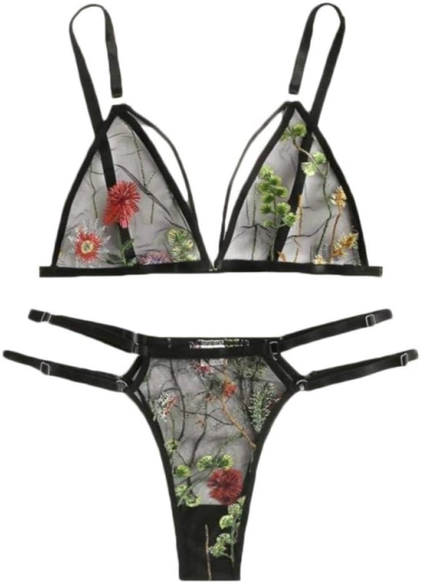 Sets met nachtmode & ochtendjas Vrouwen Kostuums Sexy Porno Kanten Beha Bloem Borduurwerk Thong Verleiding Lingerie Ondergoed Set