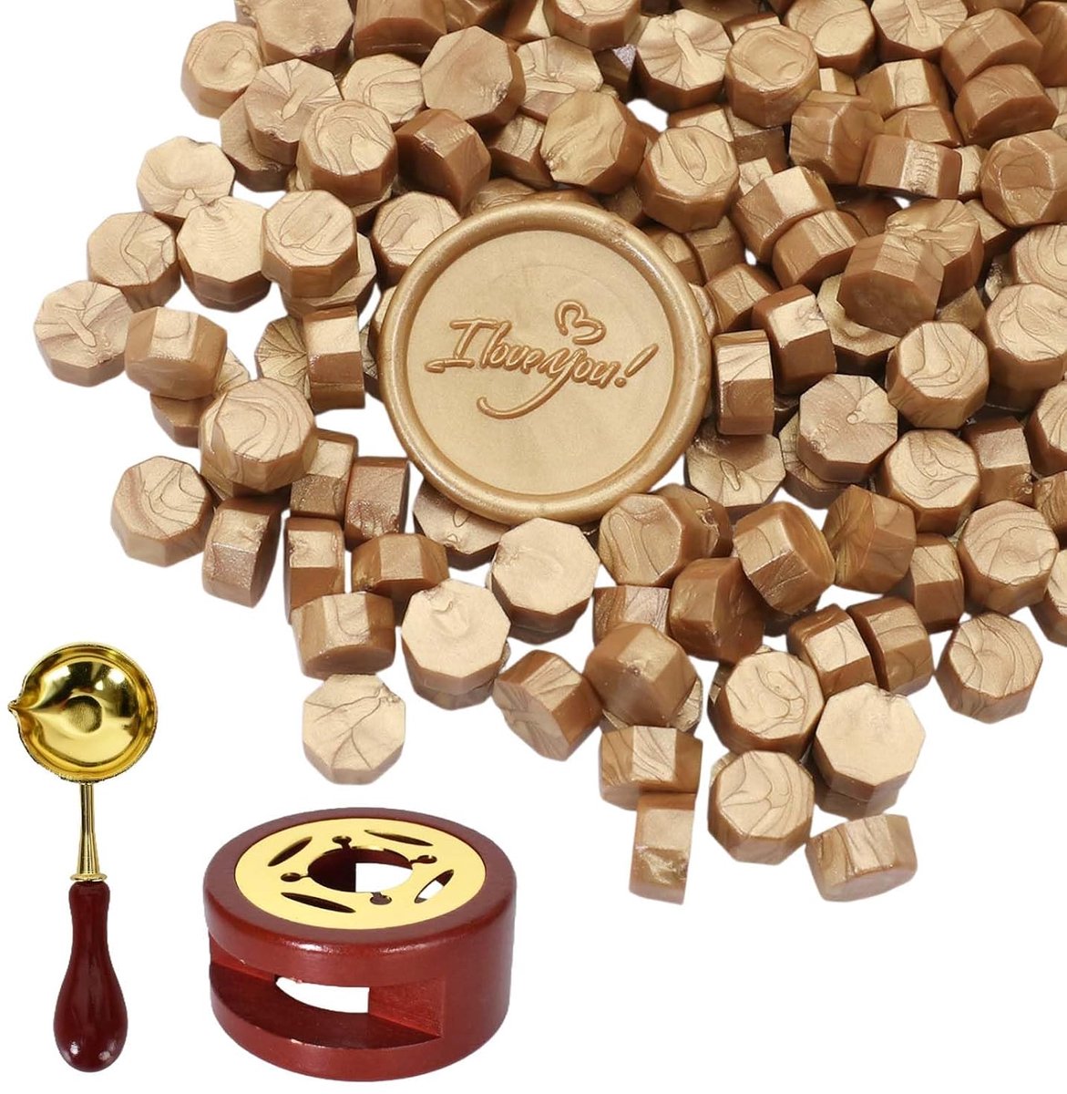 300 stuks set zegellakkralen, zegellakstempel met zegellakverwarmer & smeltlepel – Achthoekige zegellakset voor brieven, enveloppen, huwelijksuitnodigingen, kaarten, cadeauverpakkingen (goud)