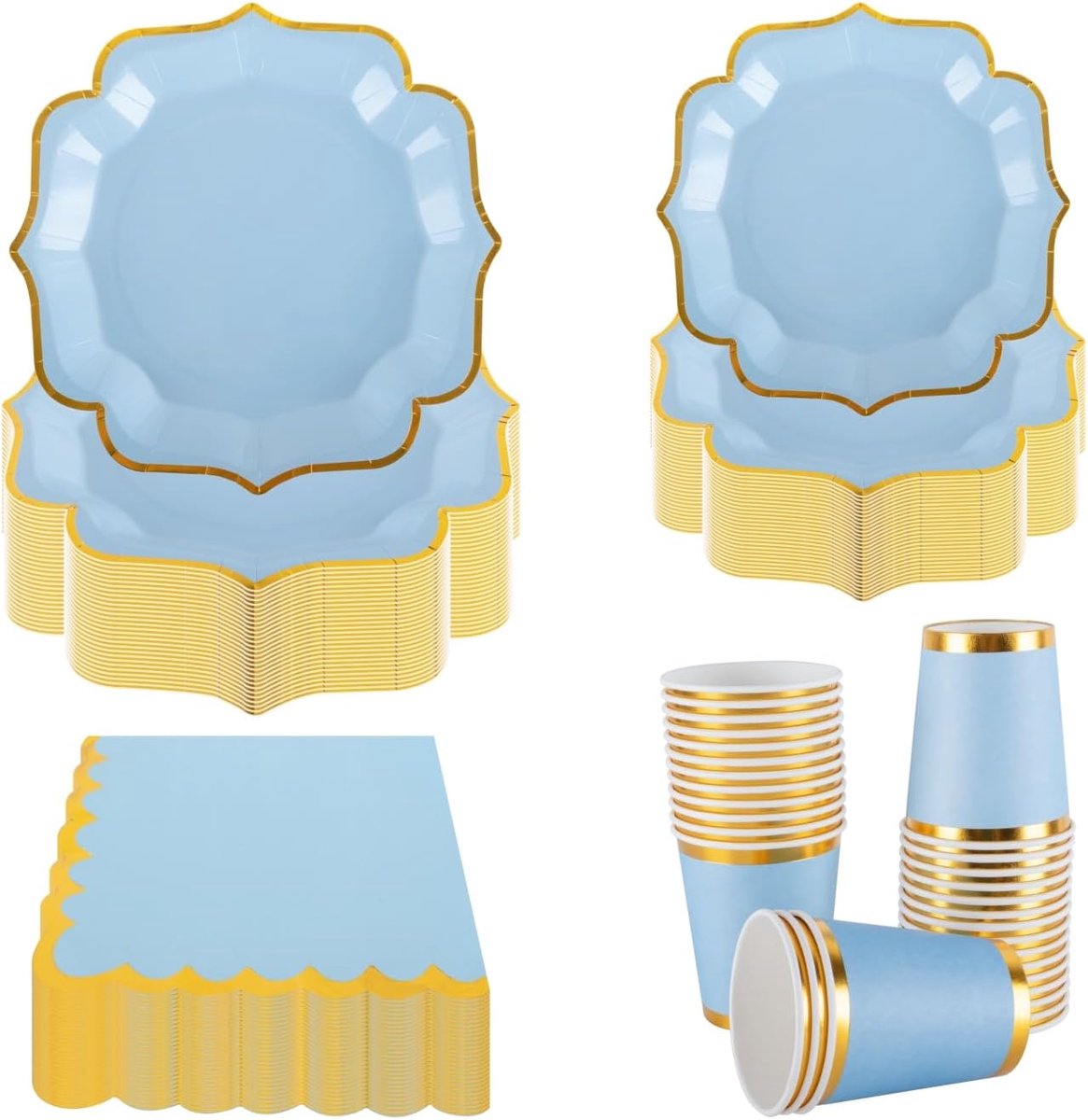 Feestservies set voor 30 gasten - Blauw met goudfolie papieren borden, servetten en bekers - Klassieke Britse stijl papieren servies voor tuin afternoon tea party, verjaardag, bruiloft