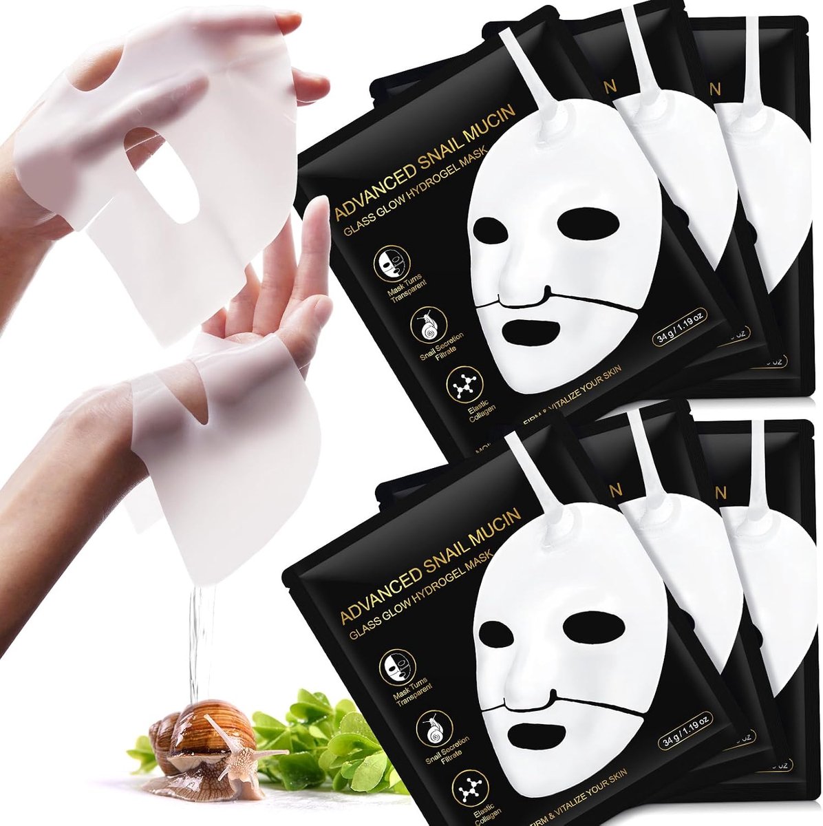 Mucin Sheet Masker 6EA,Hydrogel Collageen Masker voor Gezichtsmaskers Huidverzorging,Zelfverzorging,Diepe Hydraterende,Boost Collageen voor Elastine,Giften voor Vrouwen,Gezichtsmaskers Droge Huid
