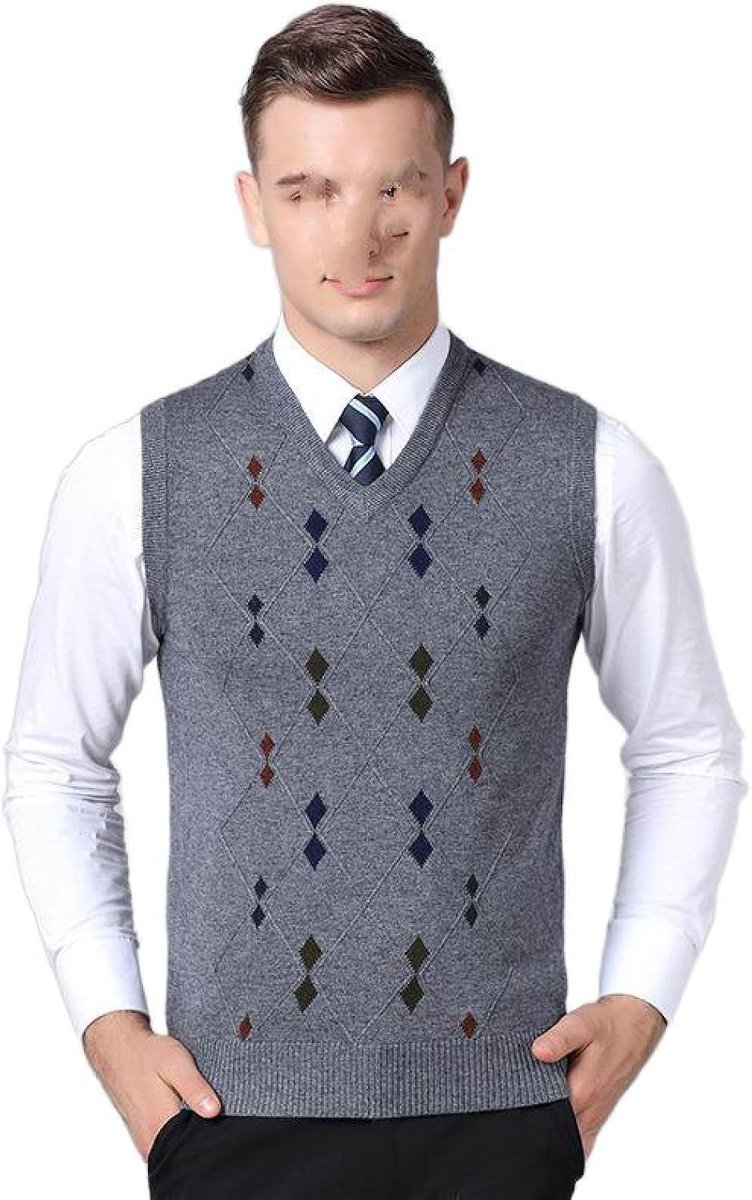 Argyle V-Hals Mouwloze Trui Trui, Herfst En Winter Heren Gebreid Trui Vest, Middelbare Leeftijd Kleur Bijpassende Verdikte Casual Heren Gebreide Trui Tanktops, Medium Grijs, S