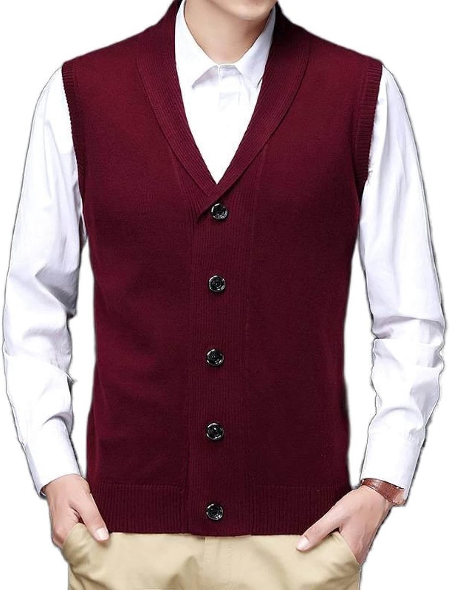 Kasjmier Gemengd Vest Met V-Hals, Jeugdmode Heren Effen Kleur Gebreid Vest Bovenkleding Casual Trendy Trui, Klassiek Zakelijk Heren Gebreid Vest Vest Trui Vest Tanktops,Rood,S