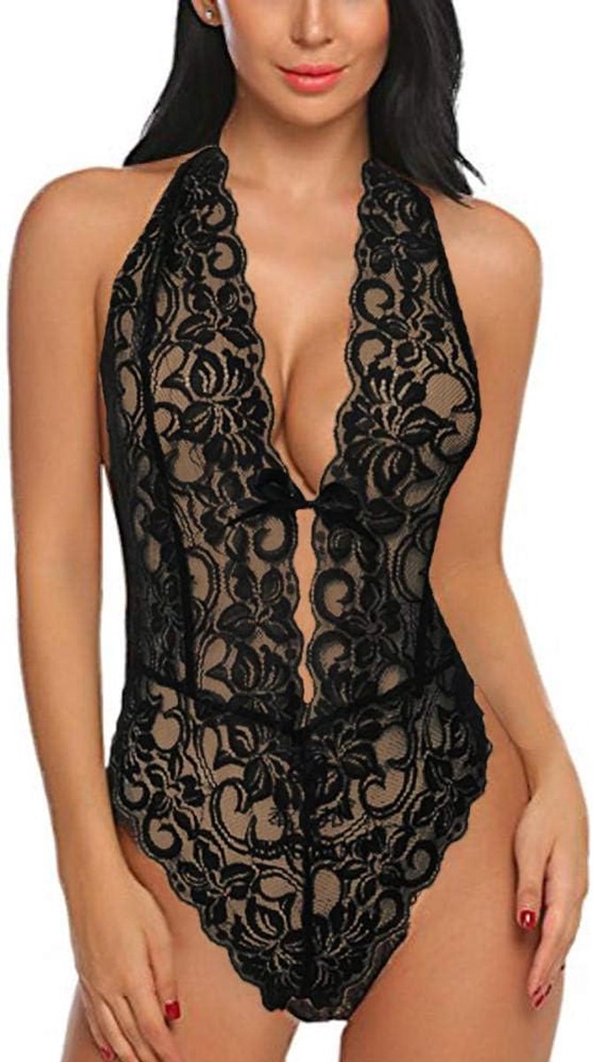 Vrouwen Sexy Backless Lace Lingerie V-hals Bodysuits Zwart Halter Pyjama Ondergoed