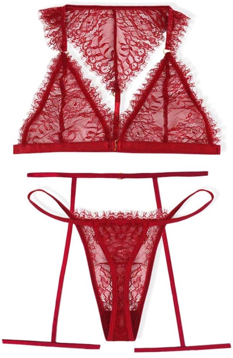 Sexy dames erotische lingerie 3 ST Dames Erotische Lingerie Ondergoed Kousenband + Bh + Slips Kant Verleiding Sexy Nachtkleding See Through Vrouwen Sets-Wine_XL