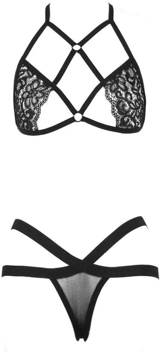 Dameskostuums 2 ST Vrouwen Sexy Lingerie Kant Elastische Kooi Beha Strappy Hol Beha Bustier Bandage Thong Erotische Set