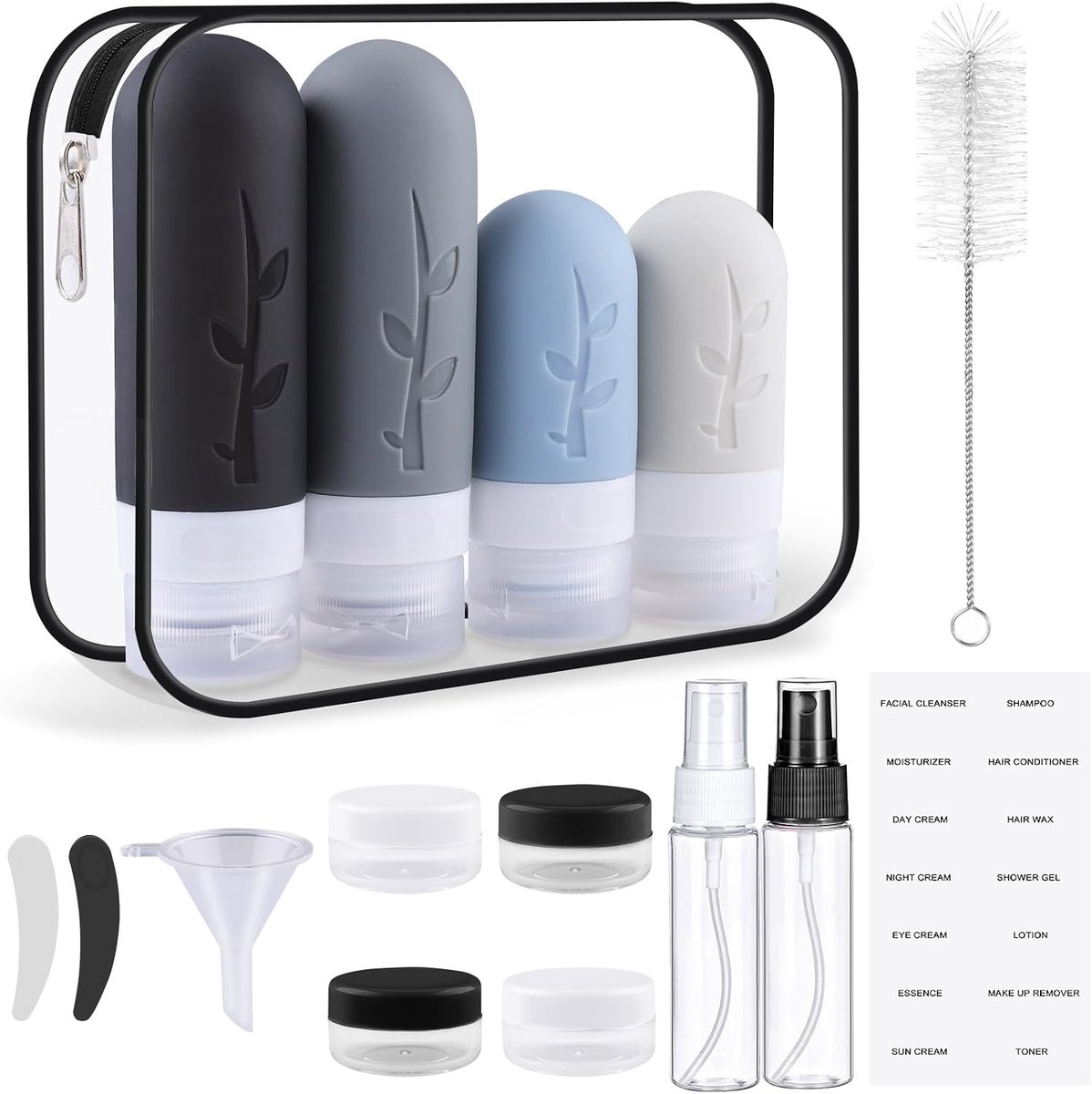 Reisflessen van siliconen, navulbaar, voor gel, shampoo en cosmetica, met reisaccessoires, 16 stuks, Zwart, Klassiek