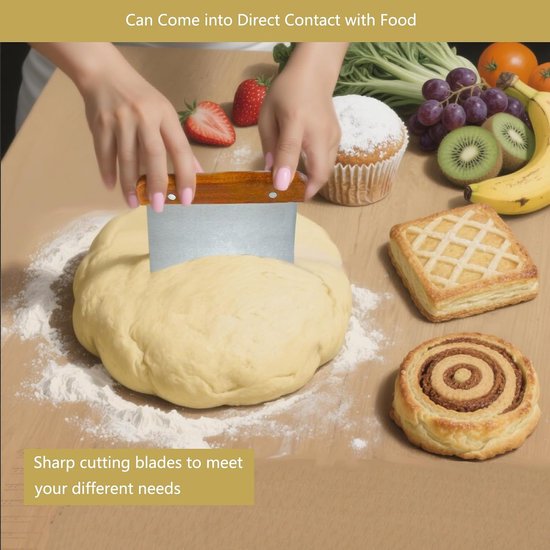 2 stuks deegkaart, deegschraper, deegsnijder, roestvrij staal, keukenspatel, groot met houten handvat en roestvrijstalen lemmet, koekschraper, bankschraper voor deegh, pizza, cake, taart — afbeelding 4
