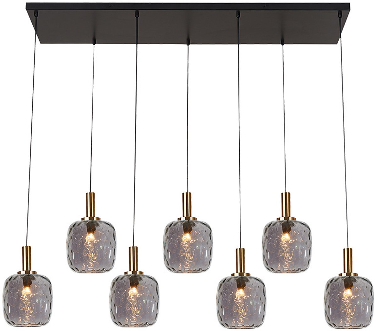 Okiru hanglamp Balk, zwart stalen frame met 7x E27 fitting en 7 grijze glazen kappen Ø150mm, 990 x 1200 mm