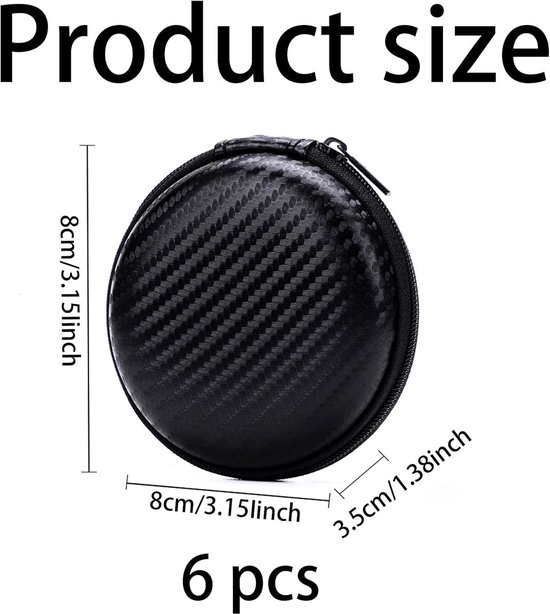 6-delige ronde draagbare hoofdtelefooncase, mini EVA-tas, opbergtas, harde schaal met ritssluiting, geschikt voor oortelefoon, datakabel, MP3-opbergtas (zwart) — afbeelding 2