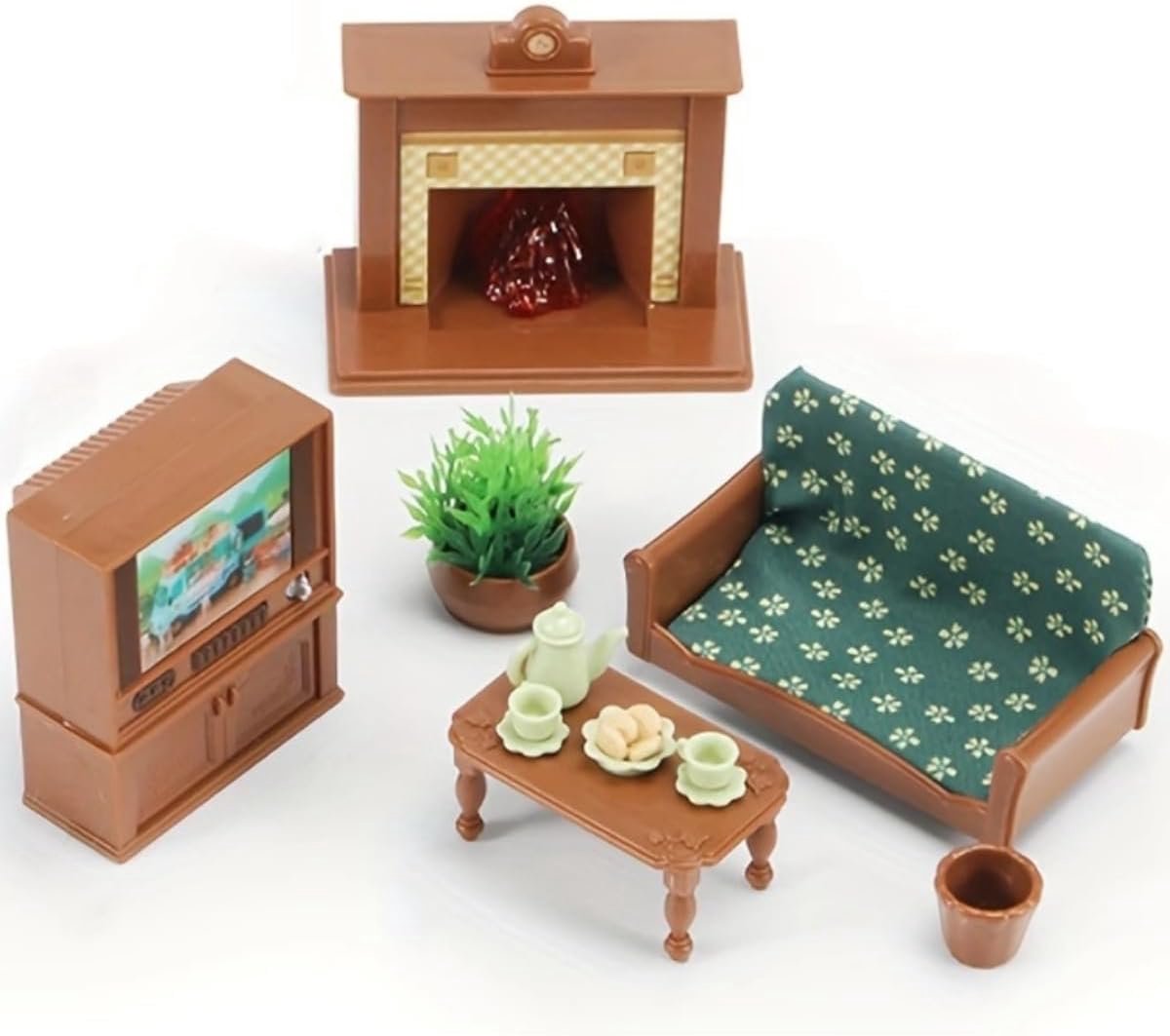 Meubelset woonkamer, 16 stuks miniatuur bank tafel televisie open haard bloempot koffie desserts, mini theeservies accessoires 1:12 mini scène tafel decoratie (16 stuks)