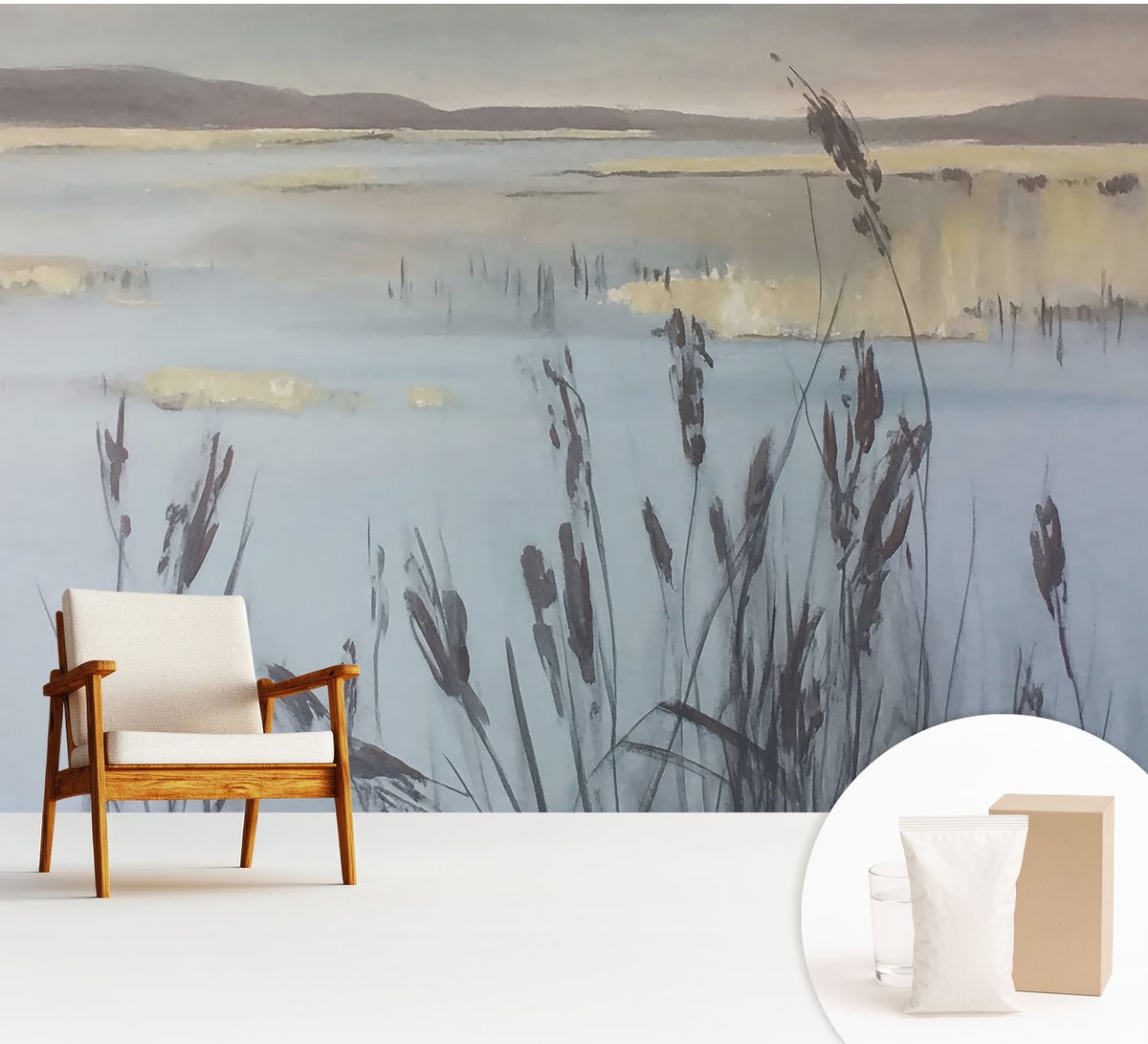 Wallfluent Fotobehang - Grijs Vliesbehang - 312x219 cm - Een Kalm Meer Fotobehang Vlies - Woonkamer behang Landschappen - Muurschildering - Woonkamer behang