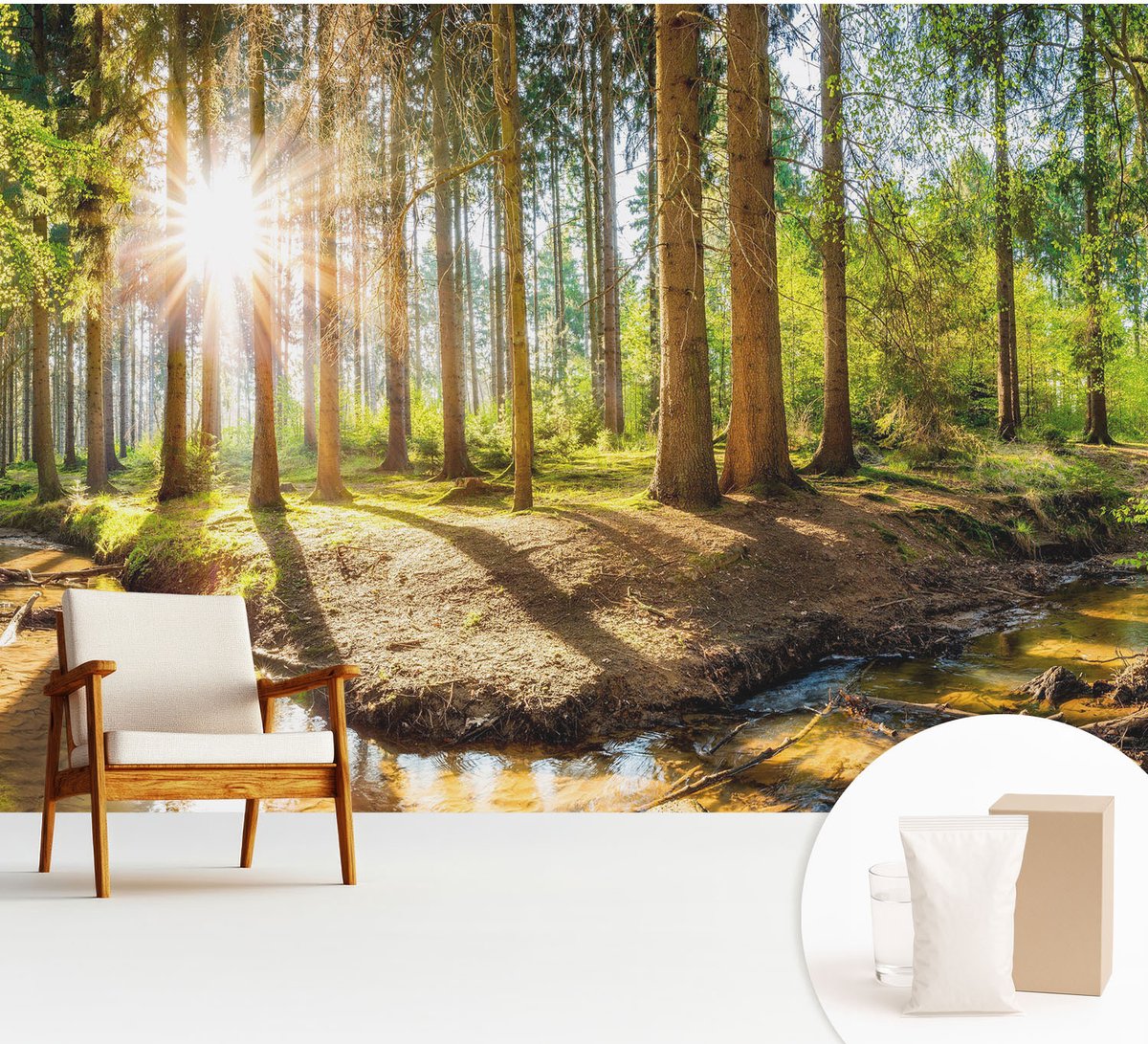Wallfluent Fotobehang - Groente Vliesbehang - 312x219 cm - Idylle In Het Bos Muurschildering - Slaapkamer behang Landschappen - Fotobehang Vlies - Gang behang