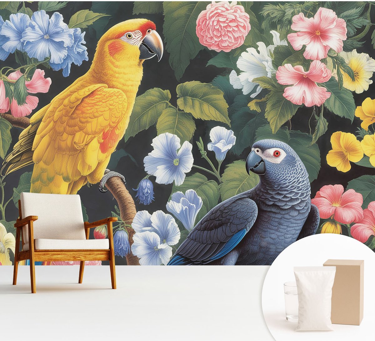 Wallfluent Fotobehang - Geel Vliesbehang - 312x219 cm - Exotische Vogels Fotobehang Vlies - Hal behang Dieren - Muurschildering - Woonkamer behang