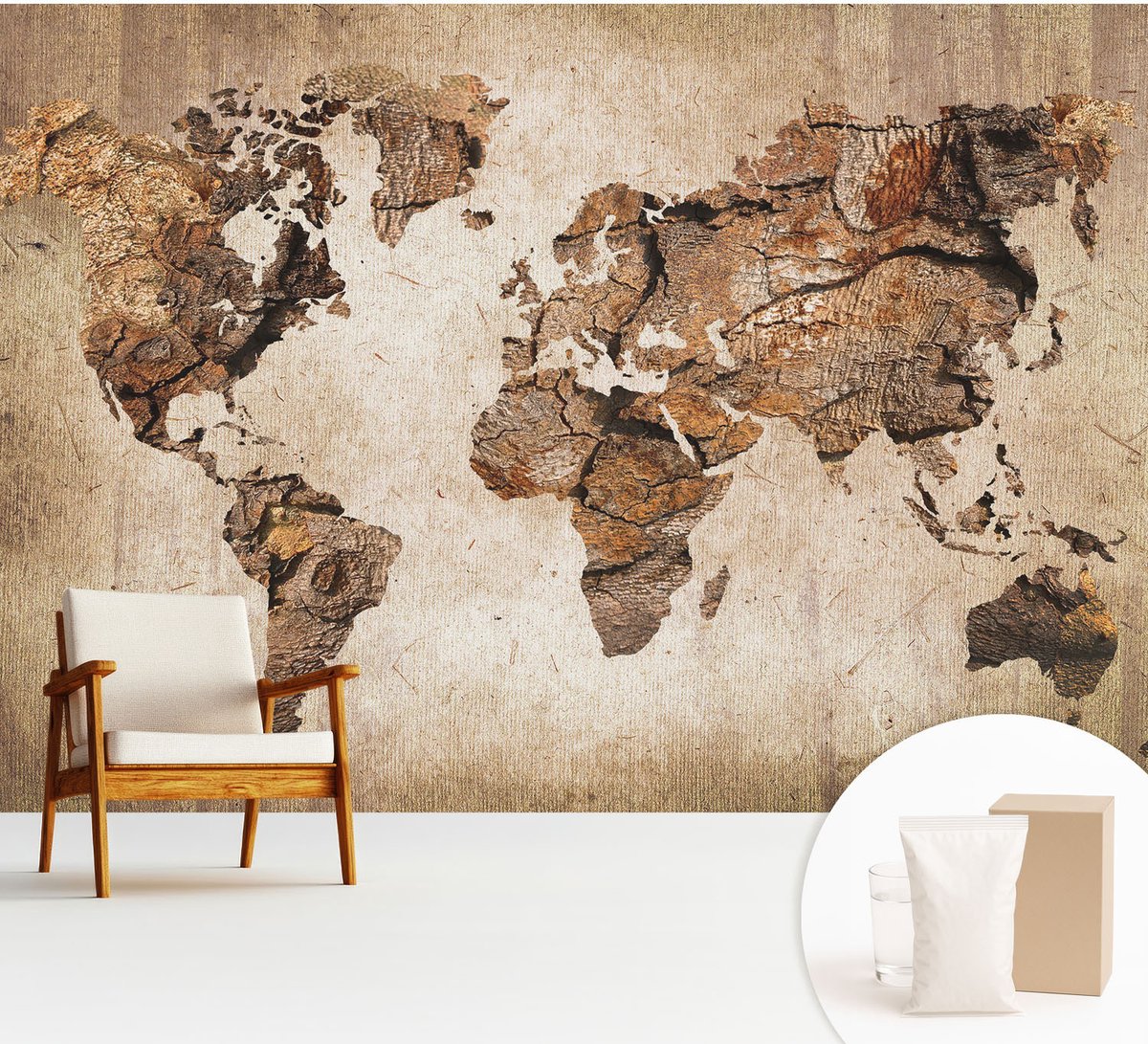 Wallfluent Fotobehang - Bruin Vliesbehang - 312x219 cm - Houten Kaart Fotobehang Vlies - Hal behang Kaarten - Muurschildering - Woonkamer behang